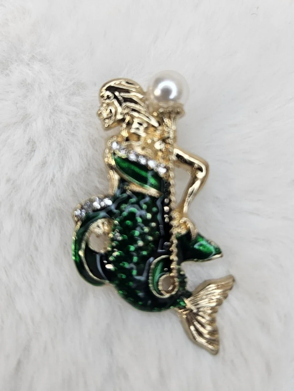 Gold & Emerald Green Mermaid Brooch with Pearl Accent